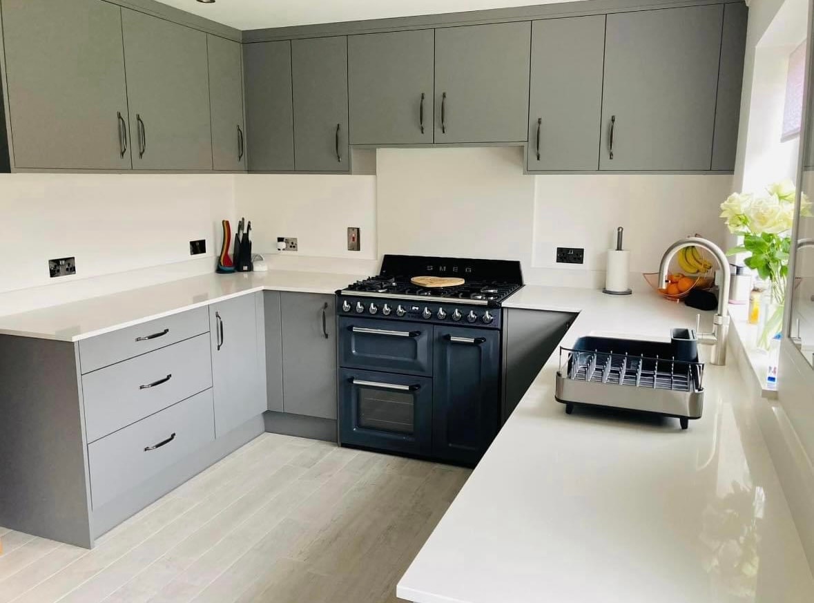 Bespoke grey kitchen with Smeg range cooker in St Neots Cambridgeshire by Cromwell Interiors