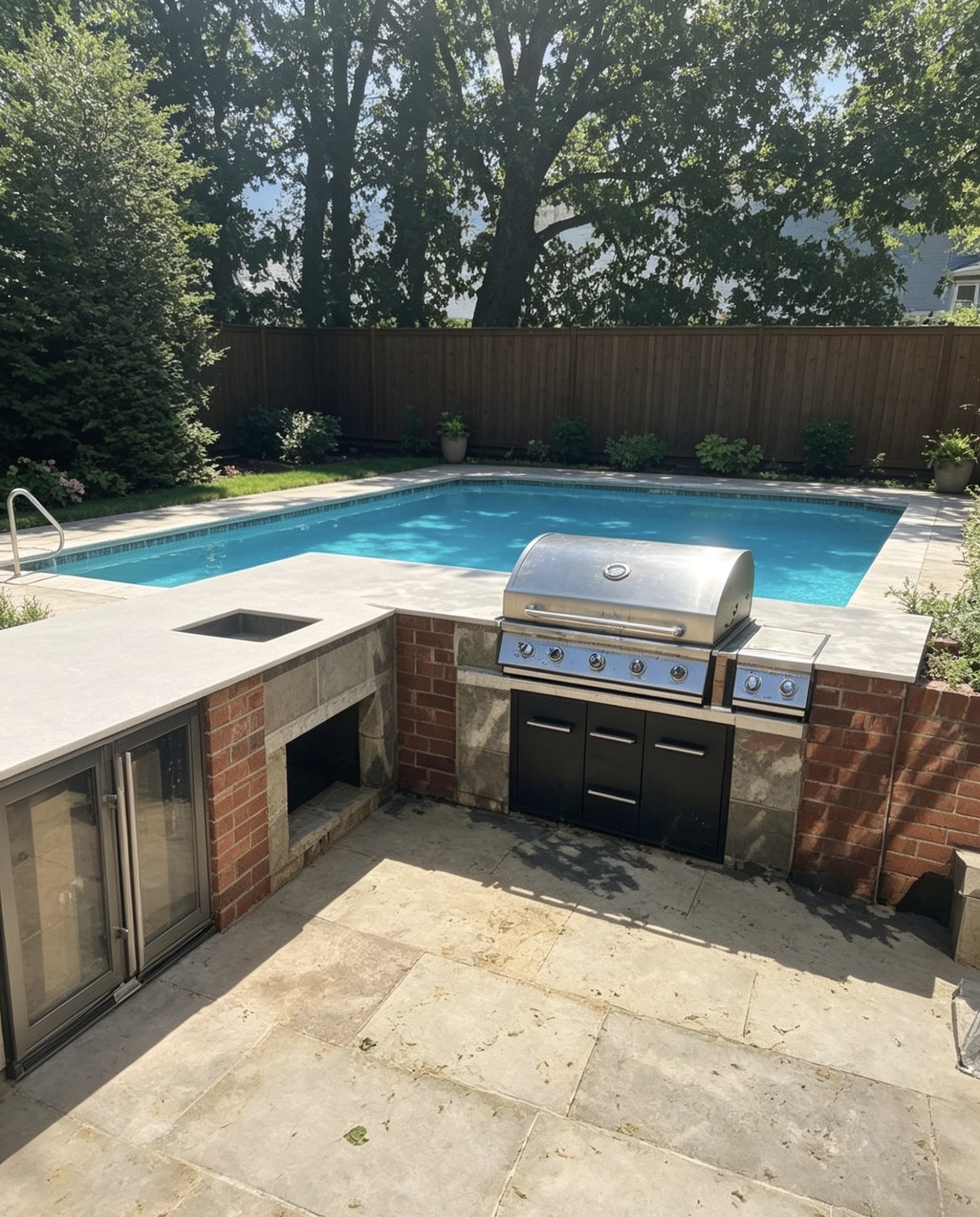Bespoke outdoor kitchen with pool in Cambridge by Cromwell Interiors
